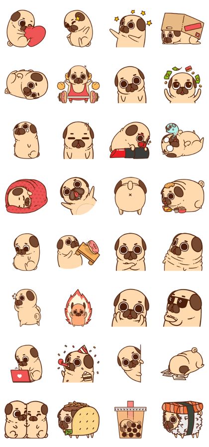 Pug Stickers Printable, Pug Cartoon Drawing, Cute Pug Drawing, Pug Kawaii, Pug Drawing, Pug Wallpaper, Pug Cartoon, Pug Tattoo, Pug Illustration