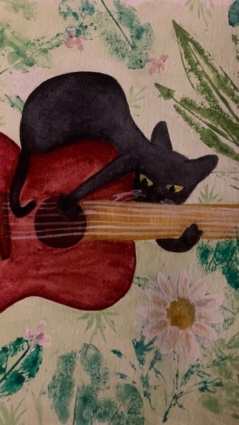 Guitar drawing Cat With Guitar Drawing, Cat Playing Guitar Drawing, Cat Painting Wallpaper, Cat And Guitar, Cat With Guitar, Guitar Watercolor, Drawing Guitar, Guitar Wallpaper, Different Leaves