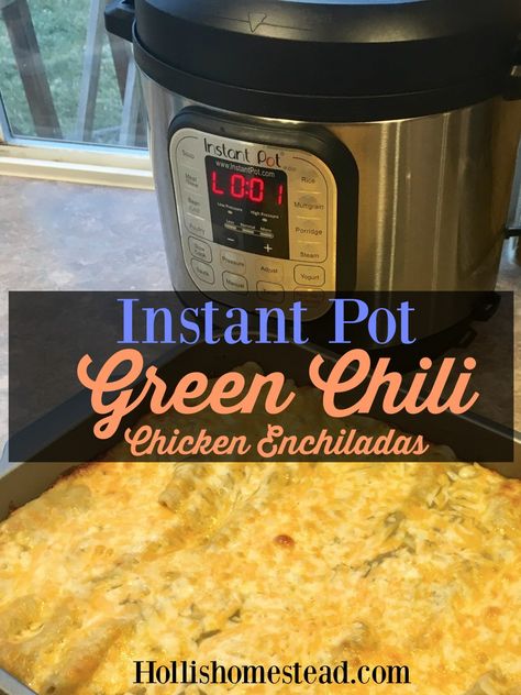 Instant Pot Green Chili Chicken Enchiladas.  Make the best enchilada filling in your instant pot. The chicken is moist and shreds so easily.  #instantpot #dinner #mexicanfood #chicken #recipe #easydinner #enchiladas #hollishomestead Green Chili Chicken Instant Pot, Instant Pot Enchiladas, Instapot Enchiladas, Instapot Chicken Enchiladas Recipes, Chicken Chili Verde Instant Pot, Instapot Chicken Enchiladas, Instant Pot Chicken Enchiladas, Chicken Enchiladas In Instant Pot, Instapot Enchilada Chicken