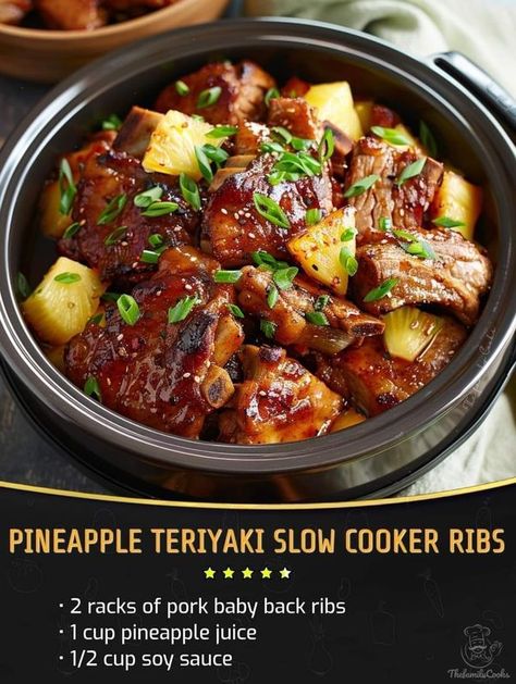 Easy Crockpot Recipes | Pineapple Teriyaki Slow Cooker Ribs | Facebook Teriyaki Ribs, Pork Baby Back Ribs, Recipes Pineapple, Pineapple Teriyaki, Slow Cooker Ribs, Ina Garten Recipes, Mince Recipes, Back Ribs, Healthy Slow Cooker