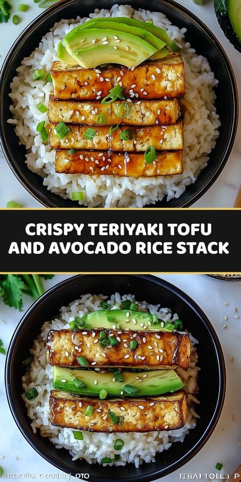 Crispy tofu recipe, Teriyaki sauce, Avocado rice stack, Vegan Asian fusion dish Crispy Teriyaki Tofu And Avocado Rice Stack, Crispy Teriyaki Tofu, Tofu And Avocado, Avocado Rice, Asian Dish, Teriyaki Tofu, Marinated Tofu, Tofu Dishes, Fluffy Rice