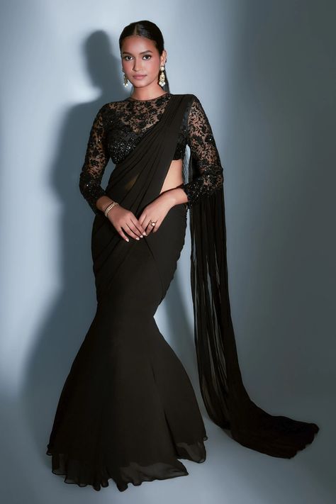 Buy Premya By Manishii Black Pre-stitched Georgette Saree With Blouse Online | Aza Fashions Black Party Wear Saree, Black Net Saree, Full Sleeves Blouse Designs, Black Blouse Designs, Saree Jacket, Saree Styling, Angrakha Kurta, Netted Blouse Designs, Suite Design