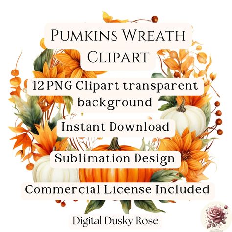 Pumpkin Autumn Fall Wreath, White Pumpkin Floral Decor, Harvest Greenery Frame, Perfect Autumn Clipart for Seasonal Decorations https://digitalduskyrose.etsy.com/listing/1737049439 🎃🍂 Welcome the beauty of the season with our Pumpkin Autumn Fall Wreath Clipart, featuring elegant white pumpkin floral decor and lush harvest greenery frames. Perfect for adding a touch of autumn charm to your projects, this collection is ideal for seasonal crafts and decor. Whether you're creating invitations,... Autumn Wreath Illustration, Watercolor Pumpkin With Flowers, Pumpkin With Flowers Svg, Autumn Florals Illustration, Fall Leaves And Pumpkins Clip Art, Autumn Clipart, Wreath Clipart, Pumpkin Autumn, Seasonal Decorations