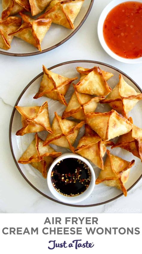 Air Fryer Cream Cheese Wontons are incredibly crispy, loaded with flavor and take just 15 minutes to prep. They're the ultimate easy appetizer recipe! #justatasterecipes Air Fry Cream Cheese Wontons, Cream Cheese Wonton Recipes Air Fryer, Cream Cheese Wontons Air Fryer, Air Fryer Cream Cheese, Wonton Wrapper Recipes, Cheese Wontons, Cream Cheese Wontons, Fried Wontons, Wonton Recipes