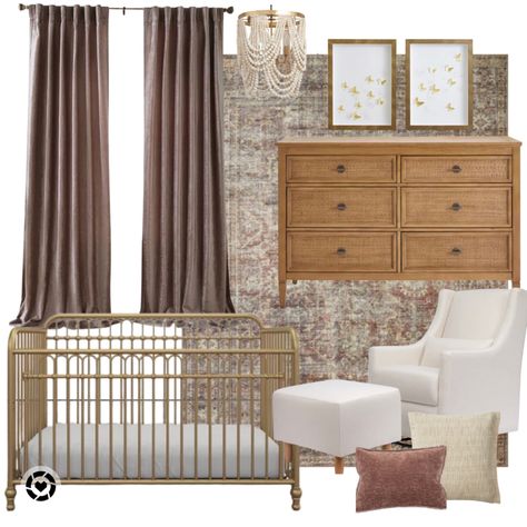 Mauve And Brown Nursery, Clay Colored Nursery, Nursery Brass Crib, Little Seeds Piper Crib Nursery, Abigail Crib Nursery, Mauve Dresser Nursery, Bronze Crib Nursery, Vintage Nursery Curtains, Gold Crib Nursery Ideas