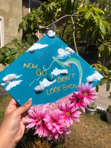 Graduation cap, studio ghibli, spirited away Grad Cap Studio Ghibli, Howls Moving Castle Grad Cap, How To Train Your Dragon Graduation Cap, Studio Ghibli Graduation Cap, Anime Graduation Cap, Spongebob Graduation Cap, Painted Graduation Cap, Graduation Cap Pictures, Caps Ideas