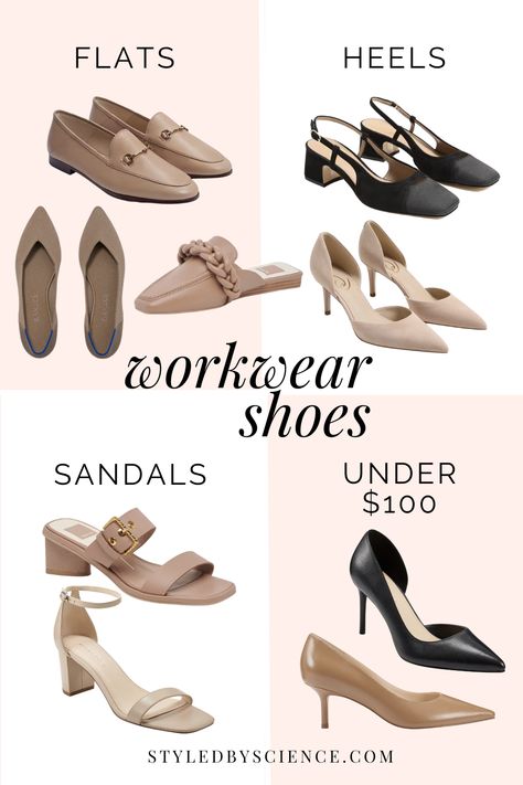 Comfy work shoes for Spring - leather loafers, pointed toe flats, kitten heels, short block heel slides, slingback heels Nude Work Shoes, Classy Sandals Comfy, Work Heels Office Wear, High Heel Loafers Outfit, Sandals Work Outfit, Heel Loafers Outfit, Block Heel Outfit, Kitten Block Heels, Comfy Work Shoes