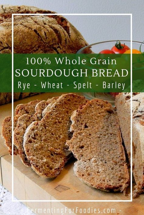 This whole grain sourdough bread is perfect for your favourite flours. The photo is 100% rye for a delicious and nutritious loaf of bread. Use a mix of flours to create your own, personalized loaf of whole-grain bread. Whole Grain Sourdough Bread Recipe, Whole Grain Sourdough, Spelt Sourdough Bread, Spelt Sourdough, Barley Recipe, Whole Wheat Sourdough, Sourdough Loaf, Sourdough Starter Recipe, Healthy Bread