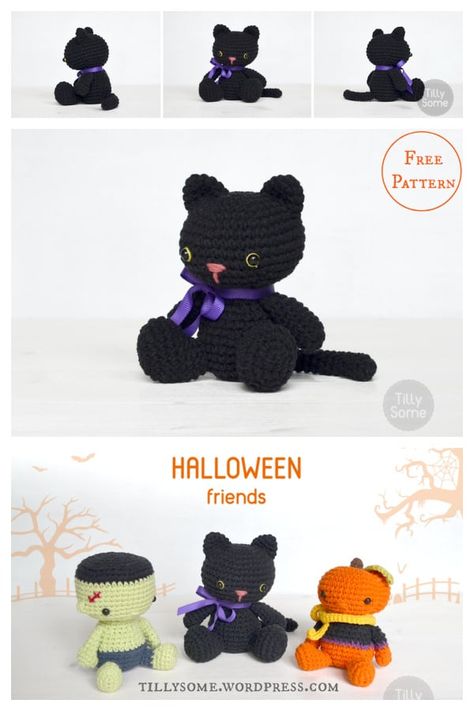 10 Amigurumi Halloween Black Cat Free Crochet Pattern - Page 3 of 3 Crochet Patterns For Cats Free, Black Cat Crochet Pattern Free, Crochet Black Cat, Cat Free Crochet Pattern, Crochet Figures, Crochet Halloween Patterns Free, Tiny Creatures, Cat Skeleton, Crochet Halloween