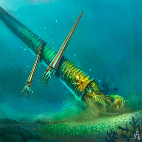 ArtStation - Ordovician - Endoceras, Cameroceras and Trilobite, Heitoresco Sea Dinosaurs, Creative Writing Inspiration, Dinosaur Pictures, Prehistoric World, Fantasy Creatures Art, Prehistoric Animals, Creature Art, Fantasy Creatures, Portrait Painting