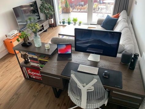 L Desk In Living Room, Living Room Office Separation, Wfh Living Room Layout, Wfh Studio Apartment, Wfh Room Setup, Small Living Room With Desk Layout, Home Office Couch Layout, Living Room Desk Setup, Bedroom Without Tv