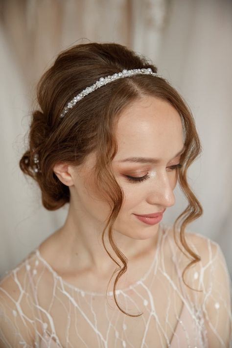 bride wearing an updo with a pearl headband Boho Wedding Hair Pieces, Feminine Accessories, Bridesmaid Headpiece, Crystal Bridal Headband, Halo Headpiece, Floral Headpiece Wedding, Gatsby Headband, Pearl Bridal Headband, Wedding Hair Headband