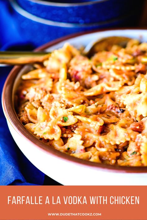 Rich tomato sauce gets a boost with the addition of vodka, cream, and ground chicken --- and tender farfalle (bow tie) pasta ties it all together. Perfect to enjoy for lunch or dinner, my Farfalle a la Vodka with Chicken is quick and easy to prepare. #vodkasauce #pastawithvodkasauce #farfallepasta #bowtiepasta #pastarecipes #easypastarecipe #FarfallealaVodka Farfalle Pasta Recipes, Chicken Bowtie Pasta, Vodka Sauce Recipe, Vodka Sauce Pasta, Bow Tie Pasta, Soul Food Dinner, Vodka Sauce, Bowtie Pasta, Pasta Pasta