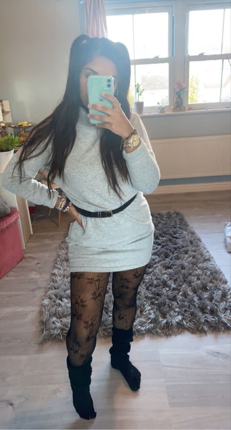 Fit inspo / jumper dress leg warmers lace tights ootd casual winter autumn cold weather outfit Sweater Dress Leggings, Cold Weather Outfit, Lace Tights, Winter Casual, Jumper Dress, Leg Warmers, Cold Weather, Fitness Inspo, Tshirt Dress