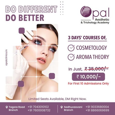 Do you want to get into Cosmetology, but are just not sure how? The Cosmetology "3- Days Workshop" from Opal Clinic offers you with "Cosmetology and Aroma Therapy Courses" that will help you to kickstart your career. Avail this golden chance to step into Cosmetology. Unlimited Seats are Available. Enroll Now.! Opal Clinic Rajkot, Gujarat #academy #aestheticacademy #trichology #aesthetic #cosmetologystudent #workshop #cosmeticsurgery Instagram Ads Ideas, Social Media Humor, Mind Art, Cosmetology Student, Beauty Courses, Photoshop Video Tutorials, Cosmetic Clinic, Photoshop Video, Cosmetic Dermatology