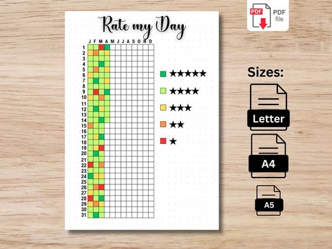 Mood Tracker Year, Rate My Day, Daily Mood Tracker, Year In Pixels, Day Journal, Daily Mood, Journal Printable, Mood Tracker, Journal Printables