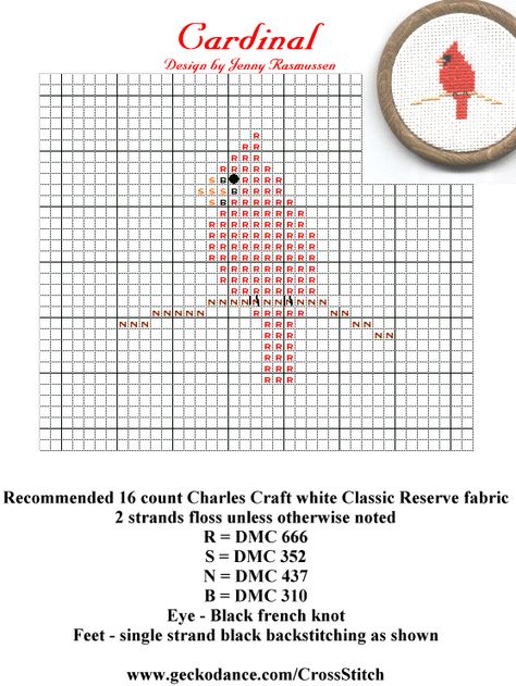 cardinal pattern - liking cardinals this year. Gonna make this into an ornament. Red Cardinal Cross Stitch Pattern, Red Bird Cross Stitch Pattern, Knit Cardinal Pattern, Cardinal Diy Ornament, Mini Motifs Cross Stitch, Chemistry Cross Stitch Patterns, Cross Stitch Cardinal Pattern Free, Cardinal Knitting Pattern, Small Cardinal Cross Stitch Pattern