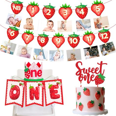 PRICES MAY VARY. what's in the package: in the strawberry birthday decorations package, there is 1 piece of berry first milestone photo banner with 13 cute wooden photo clips, 1 piece of berry first birthday party supplies cake topper, 1 strawberry first birthday highchair banner and 1 berry first birthday decorations crown quality material: the strawberry birthday banner is made of thick paper, not easy to bend. strawberry birthday cake topper is composed of beautiful glitter paper. strawberry Berry First Birthday Decorations, Sweet One Birthday Party, Paper Strawberry, Sweet One Birthday, First Birthday Crown, Strawberry Theme, 1st Birthday Girl Decorations, Berry First Birthday, Birthday Highchair