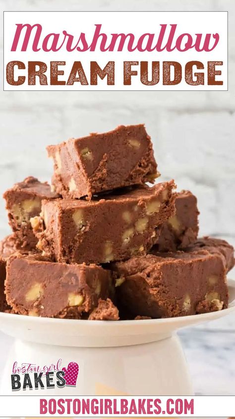 This marshmallow cream fudge, or Fantasy Fudge recipe, is made with marshmallow fluff, toasted walnuts, and a little vanilla for extra flavor! This marshmallow fudge recipe is perfect for gifting to family and friends, or keeping on hand to easily satisfy your sweet tooth. And the best part is this fudge is made on the stovetop so no need to turn your oven on. | @bostongirlbakes #marshmallowcreamfudge #holidayfudgerecipes #christmasfudge Fudge With Miniature Marshmallows, Fudge Recipe With Marshmallow Cream, Fudge Using Marshmallow Fluff, Fudge Marshmellow Recipes, Creamy Fudge Recipes Marshmallow Cream, Marshmallow Cream Fudge Easy, Easy Fudge With Marshmallow Cream, Fudge With Fluff Marshmallow Cream, Melt In Your Mouth Fudge