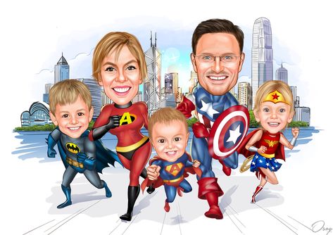 Family Caricature 5 Members, Family Of 3 Cartoon, Family Picture Cartoon, Super Hero Family, Incredibles Costume, Middle Daughter, Work Cartoons, 3 Cartoon, Cartoon Template