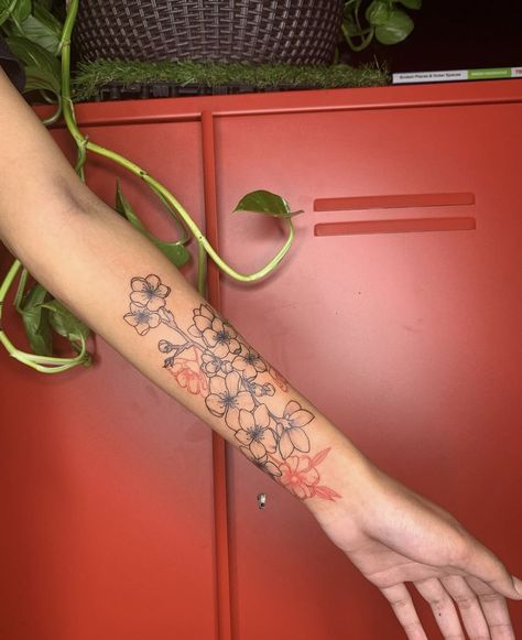 Japanese Cherry Blossom Tattoo Arm, Front Arm Tattoo Woman, Cherry Blossom Sleeve Tattoo, Cherry Flower Tattoo, Cherry Blossom Tattoo Sleeve, Arm Tattoos Drawing, Flower Wrist Tattoos, Piercing Inspo, Cool Tattoo