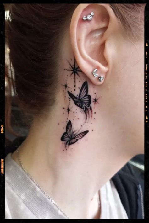 Butterfly Tattoo For Neck, Queen Ear Tattoo, Behind Ear Tattoo Design, Behind The Ear Butterfly Tattoo Ideas, Butterfly Tattoo Neck For Women, Butterfly Tattoos Neck, Neck Tattoos Women Butterfly, Behind Ear Tattoo Butterfly, Tattoo Ideas Female Behind The Ear