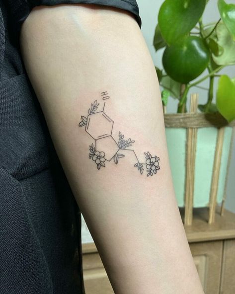 Serotonin Tattoo Chemical Structure Tattoo, Serotonin Molecule Tattoo, Serotonin Tattoo, Shoulder Sleeve Tattoos, Serotonin Molecule, Molecule Tattoo, Health Tattoo, Elements Tattoo, Semicolon Tattoo