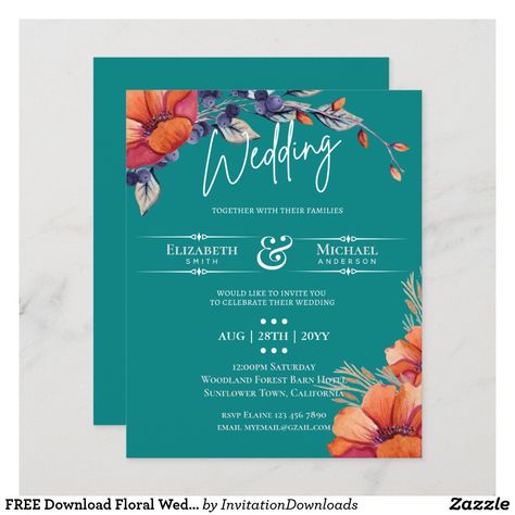 FREE Download Floral Wedding Invite Terms apply Teal And Orange Wedding, Orange Floral Wedding, Teal Wedding Invitations, Orange Wedding Invitations, Elegant Wedding Stationery, Low Budget Wedding, Teal And Orange, Budget Wedding Invitations, Orange Wedding