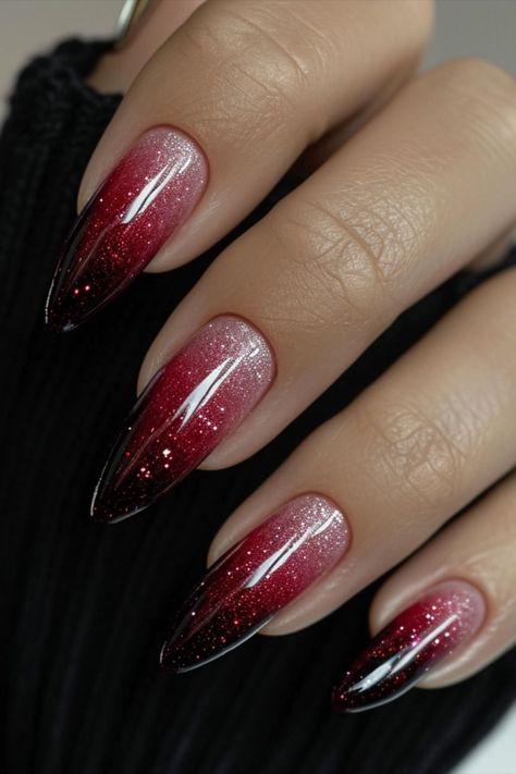 #NailArt,#BlackOmbreNails,#2024Trends Red And Black Ombre Nails Glitter, Red And Black Glitter Nails, Black Nails With Red Glitter, Black And Gold Ombre Nails, Red Glitter Ombre Nails, Dark Red Ombre Nails, Dark Red And Black Nails, Black And Red Ombre Nails, Christmas Ombre Nails