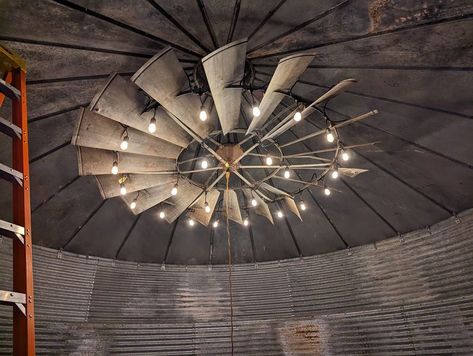 Binzebo, Grain Bin Repurposing | Finally got my 8' fan put up and lit it up | Facebook Grain Bin Attached To House, Silo Porch, Grain Bin Bar Ideas, Binzebo Ideas, Grain Bin Addition To House, Silo Outdoor Bar, Grain Bin Gazebo By Pool, Grain Silo Airbnb, Grain Bin Bar