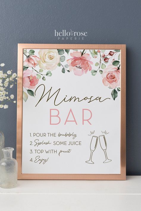 Mimosa Bar Printable Table Sign 8x10 . Floral Watercolor . Baby Shower . Bridal Shower Wedding Bachelorette Hens Party . Instant Download #bridalshower #bridalshowersigns #etsy #birthdaypartysign #pinkbridalshower #floralwatercolor #roseseucalyptus #babyshowersign #bacheloretteparty #henspartysign Blush Bridal Showers, Bridal Shower Inspo, Bridal Shower Planning, Bridal Shower Tables, Bachelorette Party Planning, Bridal Shower Inspiration, Hens Party, Bridal Bachelorette Party, Bridal Shower Diy