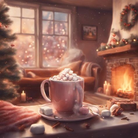 Christmas aesthetic hot chocolate, steaming with marshmallows, in front of a cozy fireplace, painted in a pastel color palette, surreal and imaginative, Hot Chocolate Fireplace, Hot Chocolate Illustration Art, Aesthetic Hot Chocolate, Winter Cabin In The Woods, Illustrations Aesthetic, Bathroom Curtains Ideas, Fireplace Painted, Wallpaper Iphone Ipad, Spotify Playlist Names