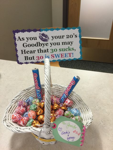 Kiss your 20's goodbye. 30's birthday candy basket. Birthday Candy Basket, 30th Birthday Party Themes, Goodbye Party, 30th Birthday Decorations, Cute Birthday Ideas, Candy Basket, 30th Bday, Your 20s, Birthday Candy