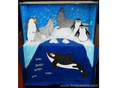 Habitat Or Ecosystem Diorama Habitat Diorama, Pinguin Illustration, Penguins Project, Arctic Habitat, Ocean Diorama, Diorama Kids, Antarctic Animals, Shoe Box Crafts, Habitats Projects