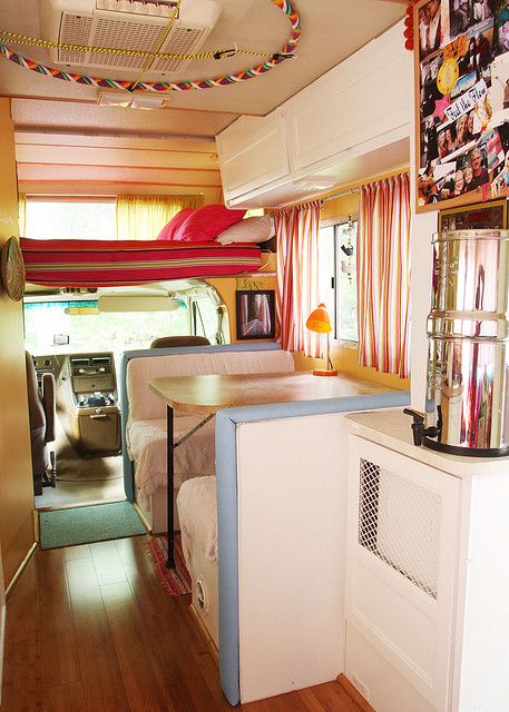 Pay attention to the genius 'hoop' storage. very clever and could be applied to other light weight things. My favorite RV decorator's ever. check out her blog. http://walkslowlylivewildly.com/ Motorhome Storage, Vintage Rv, Combi Vw, Rv Renovations, Rv Hacks, Rv Decor, Rv Interior, Trailer Remodel, Vintage Travel Trailers