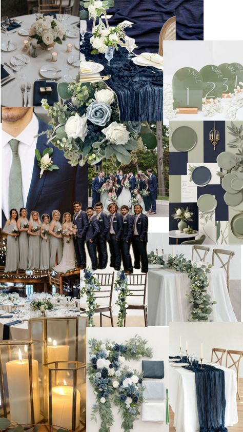 Sage And Navy Wedding, Navy Wedding Theme, Blue Fall Wedding, Sage Green Wedding Theme, Navy Wedding Colors, Blue Green Wedding, Dark Blue Wedding, Wedding Theme Color Schemes, Wedding Color Pallet