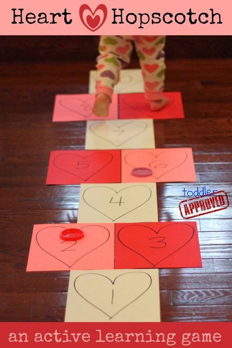 A great February activity for toddlers! Heart Hopscotch! A great way to work on gross motor skills and numbers! Preschool Valentines Activities, February Crafts, Valentinstag Party, Valentines Games, Valentine's Day Crafts For Kids, Preschool Valentines, Valentine's Day Games, Valentine Activities, Toddler Valentines