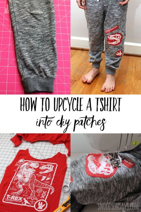 Check out this simple way to patch pants holes with a creative diy patch made from an upcycled tshirt! Easy mending tutorial for beginners. Patch Ideas Clothing, Upcycled Kids Clothes, Upcycle Kids Clothes, Easy Upcycle Clothes, Patching Holes In Clothes, Diy Upcycled Clothing, Mending Pants, Diy Upcycle Clothes, Upcycle Baby Clothes