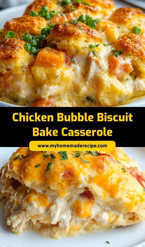 This Chicken Bubble Biscuit Bake Casserole is an easy and comforting dish! With tender chicken, veggies, and flaky biscuits, it’s a perfect family meal for any night. Chicken And Noodle Recipes, Shredded Chicken Casserole, Chicken Biscuit Casserole, Biscuit Recipes Dinner, Lunch Casserole, Baked Chicken Casserole, Easy Chicken Casserole, Shredded Chicken Crockpot, Easy Comfort Food Dinners