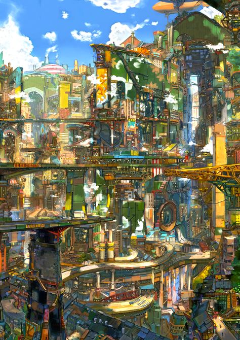 Vibrant City - Dkhk Ville Cyberpunk, Fantasy City, Fantasy Places, Futuristic City, Future City, Landscape Scenery, Fantasy Art Landscapes, Environment Design, 판타지 아트