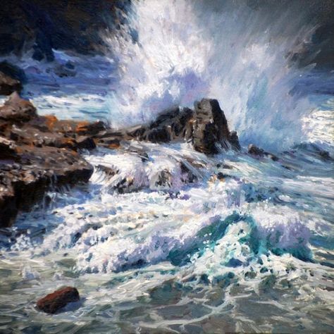 Pacific Power by Michael Godfrey Draw Waves, Waves Crashing On Rocks, Ocean Images, Ocean Waves Painting, Seascape Artwork, Seascapes Art, Marine Art, Waves Crashing, Ocean Pictures