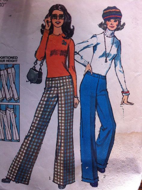 70s Pattern Vintage Simplicity Size 16 Pants Pattern No. 5745 1973 Size 16   Waist 30 Hip 40  Envelope shows visible tears & wear - at top of envelope. Great graphics for 70s style. Pants made from KNIT fabric  Wide Leg Hip Hugger pants  made to be worn 2 inches below normal waistline  Top stitched front yoke and elastic in casing View 2 turn back cuffs with elastic casing  Double knits, cotton, poly wool knit   Ships from my pet/smoke free home.  Convo me with questions.  You'll receive a free UpCyCled Gift Tag with your purchase.  Thanks for looking, check out my other patterns, vintage supplies & more! 1976 Fashion Women, That 70s Show Outfits, 1976 Fashion, 60s Clothing, 70s Inspired Outfits, 70s Pants, Elastic Casing, Fashion 40s, 70s Vintage Fashion