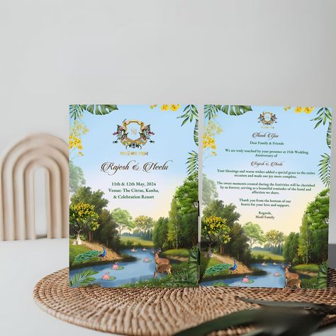 A customised jungle safari themed Hamper Card for 25th Wedding Anniversary. Lets go the journey together from theme imagination to paper joy creativity #hampernotes #weddinghampers #hamper #silverjubilee #junglesafari #junglesafaritheme #weddinghampers #hampernotesdesign #wedding #design Wedding Card Design Indian, 25th Wedding Anniversary, Notes Design, Wedding Card Design, Jungle Safari, July 31, Lets Go, Wedding Invitation Cards, Wedding Design