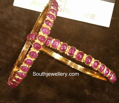 22 Carat gold antique bangles studded with rubies.  Gold bangles, ruby bangles, indian bangle models Ruby Bangles Gold, Ruby Bangles Indian, Gold Antique Bangles, Bangle Models, Antique Bangles, Simple Bridal Jewelry, Ruby Bangles, Indian Bridal Jewellery, Antique Gold Jewelry Indian