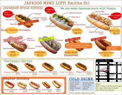 different hot dog menu | The Differents Japanese Hot Dog, Street Food Business, Gourmet Hot Dogs, Dog Cart, Spicy Cheese, Hot Dog Cart, Hot Dog Stand, Hot Dog Recipes, Food Display