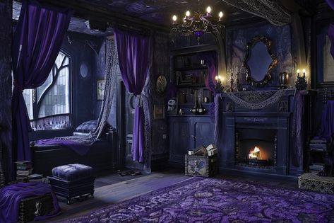 A room with a purple bed and a purple curtain that says  the name of the room | Premium AI-generated image Purple Gothic Bedroom, Dark Academia Dorm Room, Vampire Room, Medieval Bedroom, Purple Curtain, Gothic Victorian House, Witch Bedrooms, Purple Bed, Victorian Rooms