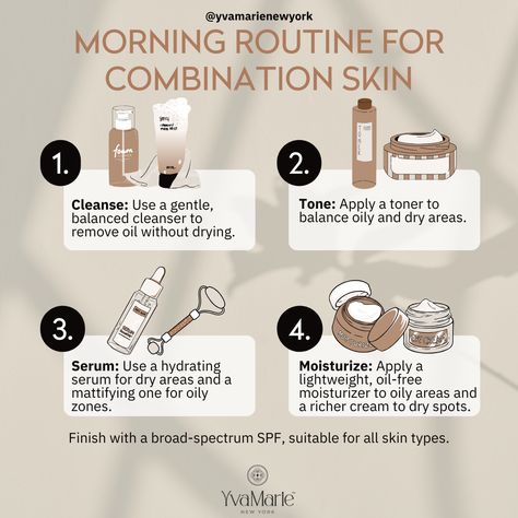 Here's a morning routine for combination skin, designed to help you achieve a balanced and radiant complexion. 

1. **Cleanse**: Start your day by thoroughly cleansing your face to remove impurities and excess oil without stripping your skin of its natural moisture.

2. **Tone**: Follow up with a toner to balance your skin's pH levels and prepare it for the next steps in your routine.

3. **Serum**: Apply a serum tailored to your skin's specific needs, whether it's hydration, brightening, or anti-aging.

4. **Moisturize**: Lock in hydration with a lightweight moisturizer that won't clog your pores but will keep your skin supple and smooth.

5. **Sunscreen**: Finish your routine with a broad-spectrum sunscreen to protect your skin from harmf... Combined Skin Care Routine, Routine For Combination Skin, Combination Skin Routine, A Morning Routine, Lightweight Moisturizer, Ph Levels, Skin Toner, Skin Routine, Broad Spectrum Sunscreen