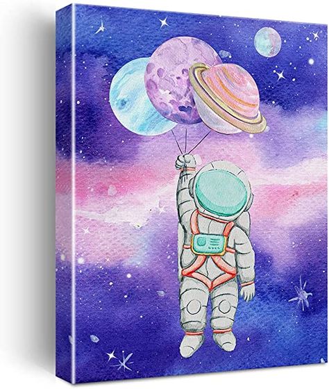 Astronaut Canvas Painting, Astronaut Drawing, Space Watercolor, Planet Painting, Space Canvas, Nursery Canvas, Space Artwork, Space Painting, Watercolor Paintings For Beginners