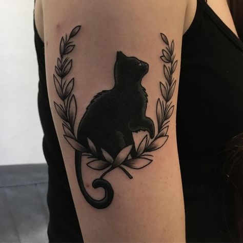 American Traditional Cat Tattoo Black, Black Cat Tattoo Traditional, Traditional Black Cat Tattoo, Cat Memorial Tattoo, Tattoo Coverups, Small Cat Tattoo, Black Cat Tattoo, Memorial Tattoo Ideas, Cat Tattoo Design