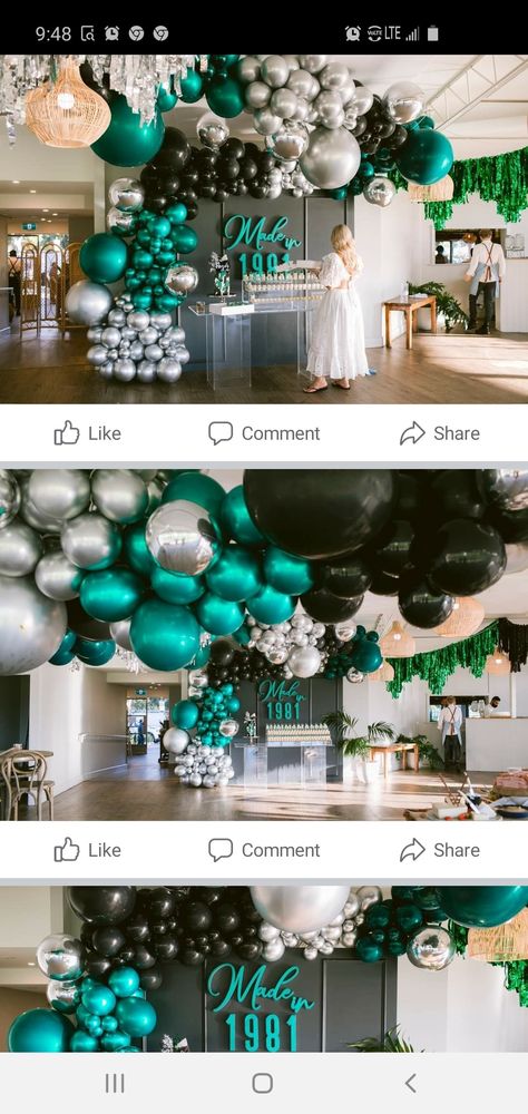 Green And Black Balloons Decoration, Green And Silver Birthday Party Decor, Black Green And Silver Party, Green Black And Silver Party Decorations, Silver Party Decorations, Gold Birthday Cake, Green Centerpieces, Colorful Birthday Party, Graduation Party Themes